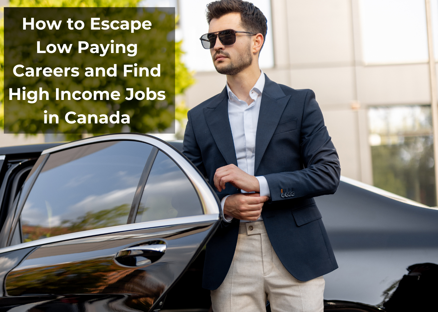 Professional man in a suit standing next to a luxury car, representing success after switching to one the high-income jobs in Canada