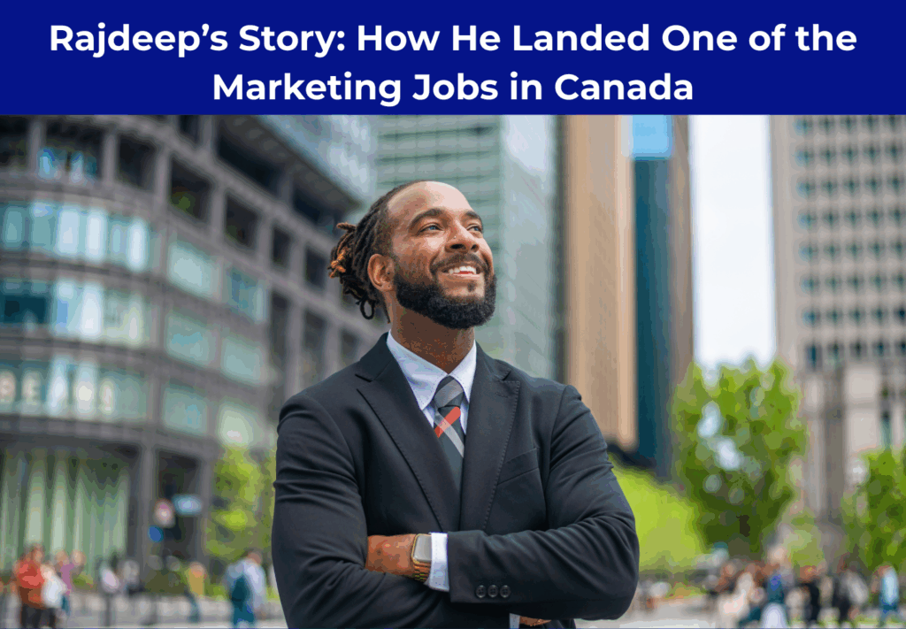 Confident young professional smiling in a business district after securing one of the top marketing jobs in Canada.