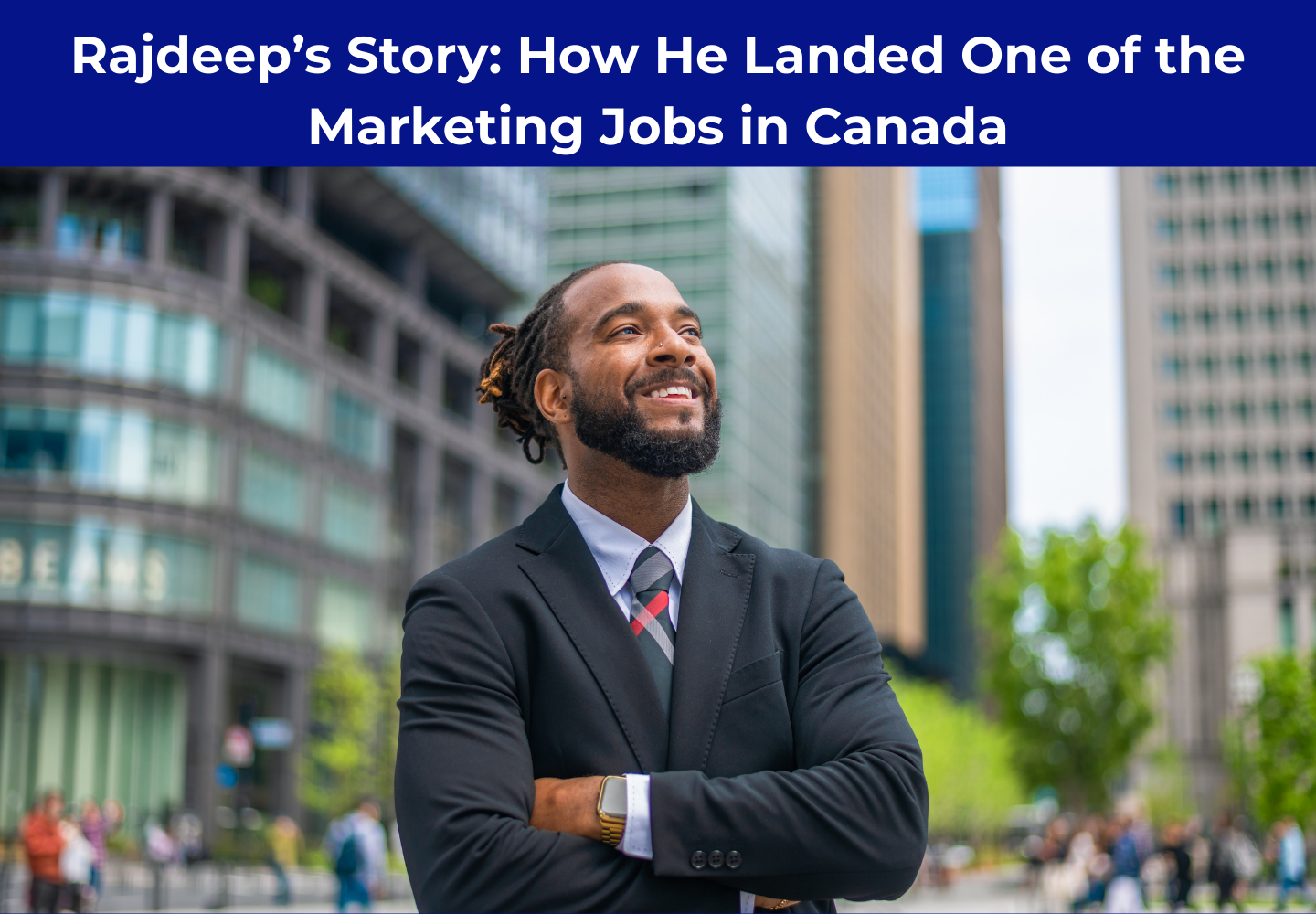 Confident young professional smiling in a business district after securing one of the top marketing jobs in Canada.